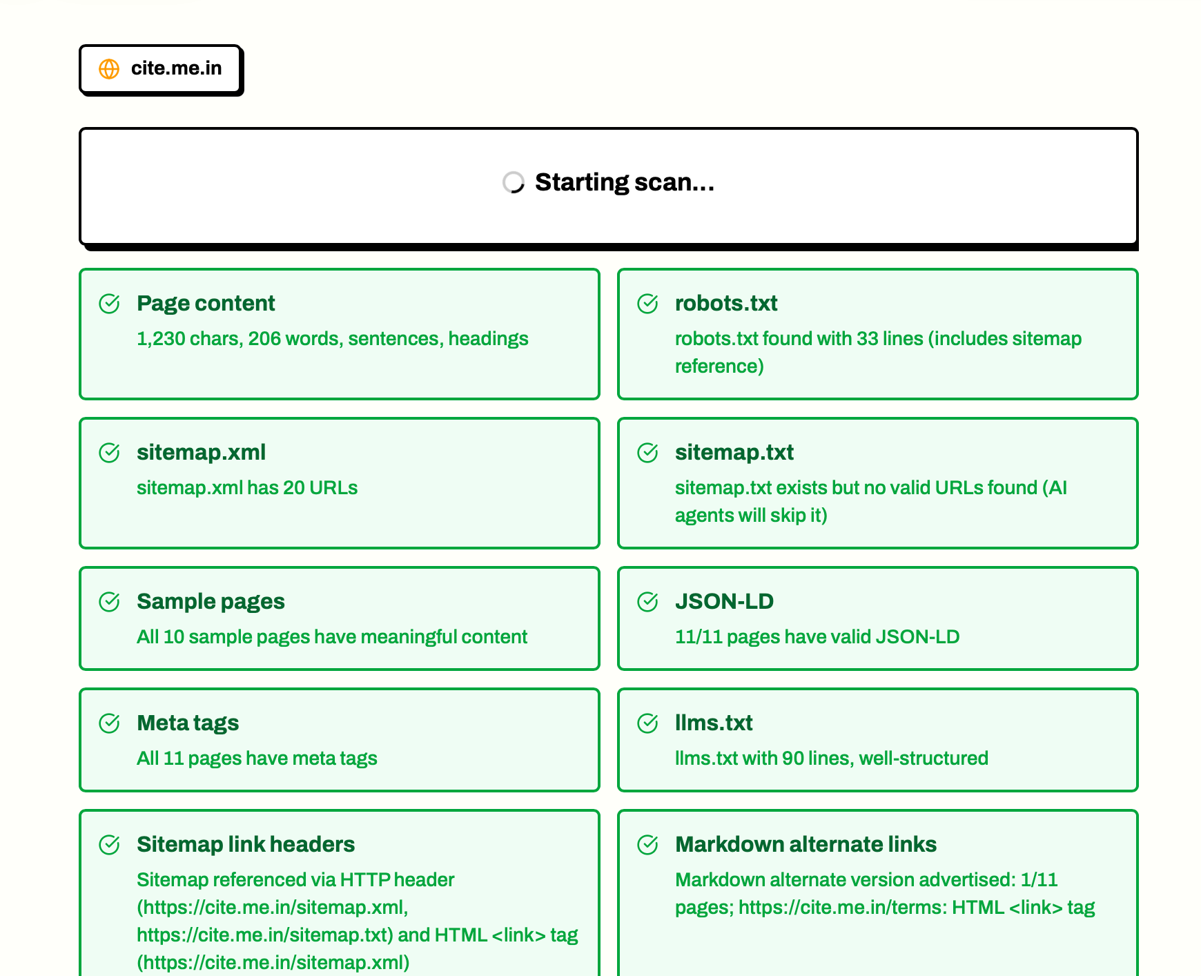 AI legibility scan results showing 13 checks across three categories: Discovered, Trusted, and Welcomed — with a score summary